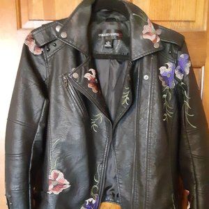 Floral Embroidered Faux Leather Jacket